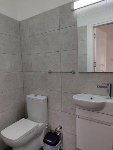 a bathroom with a toilet and a sink and a mirror at Secret garden no:01 in Mağusa