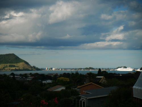 a view of a body of water with a city at Grange Harbour View B&B in Tauranga