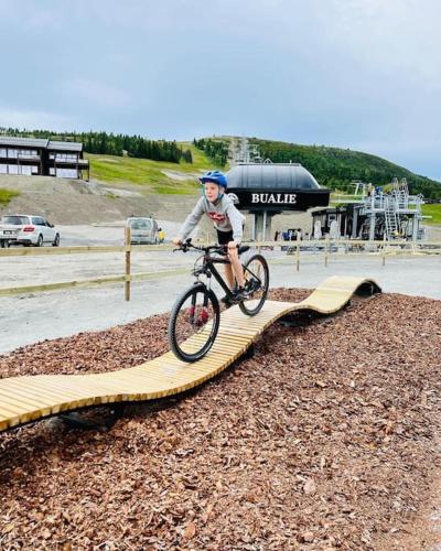 a person riding a bike on a wooden trail at Flott fritidsleilighet i Bualie på Golsfjellet in Gol