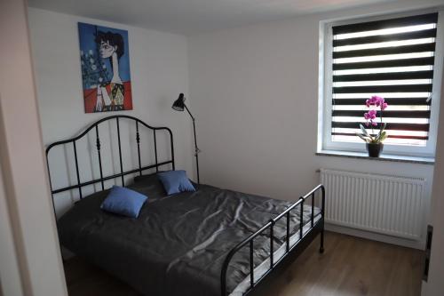 Schlafzimmer mit einem Bett und einem Fenster in der Unterkunft Tortuga Apartments in Głuchołazy