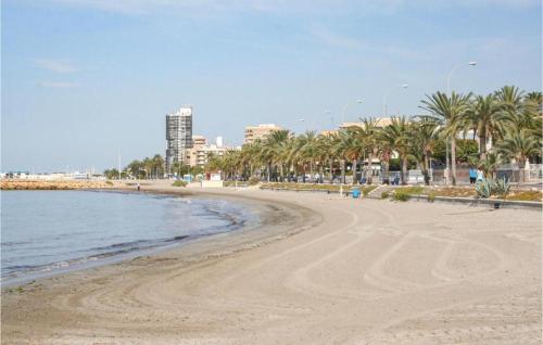 une plage de sable avec des palmiers et l'océan dans l'établissement Amazing sweet house sea view Costa Blanca, swimming pool, 4 bedrooms, à Santa Pola