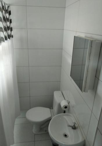 a bathroom with a toilet and a sink and a mirror at Pousada Seu Jorge in Campinas