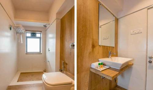 twee foto's van een badkamer met toilet en wastafel bij seasons hotel in Mire