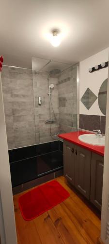 La salle de bains est pourvue d'une douche, d'un lavabo et d'un tapis rouge. dans l'établissement Entre dune et plage Les Jacquets Cap Ferret, à Lège-Cap-Ferret