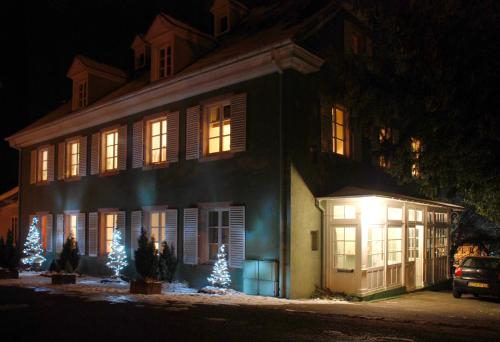 a house with christmas trees in front of it at night at A l'Ombre des tilleuls in Husseren-Wesserling