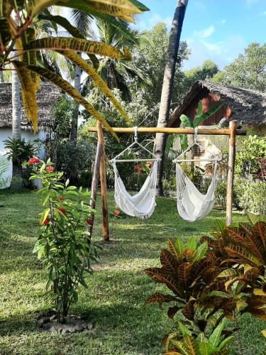a hammock in the yard of a house at Le Moya Beach in Nosy Be