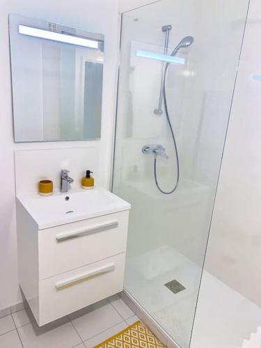 une salle de bain blanche avec une douche et un lavabo dans l'établissement Appartement spacieux hyper centre Saint Germain, à Saint-Germain-en-Laye