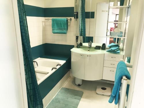 uma casa de banho com um lavatório e uma banheira em Appartement en plein cœur d'Aix-les-Bains em Aix-les-Bains