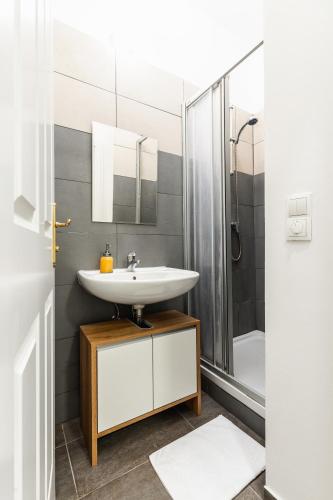 a bathroom with a sink and a shower at Stylish designed apartment in a top location in Vienna