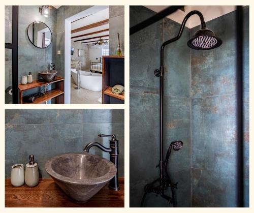 a collage of four pictures of a bathroom with a sink at Casa Elisabetta Apartmanház in Gárdony