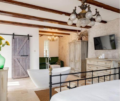 um quarto com uma banheira, uma televisão e uma cama em Casa Elisabetta Apartmanház em Gárdony