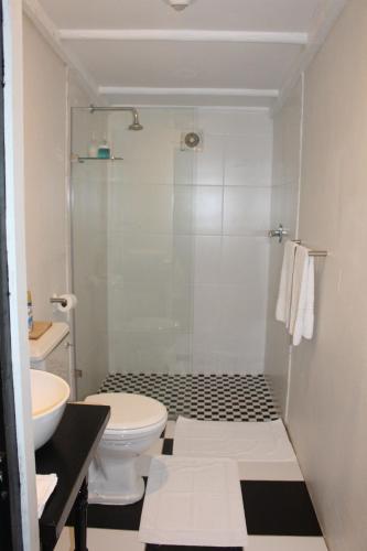 a bathroom with a shower and a toilet and a sink at Newstead Farm - Country Cottages in Curryʼs Post