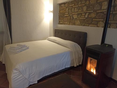 a bedroom with a bed and a wood stove at Cà Vittoria in Desenzano del Garda