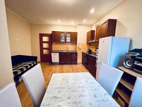 La cuisine est équipée d'une table, de chaises et d'un réfrigérateur. dans l'établissement Apartmán Pod fontánou, à Kremnica