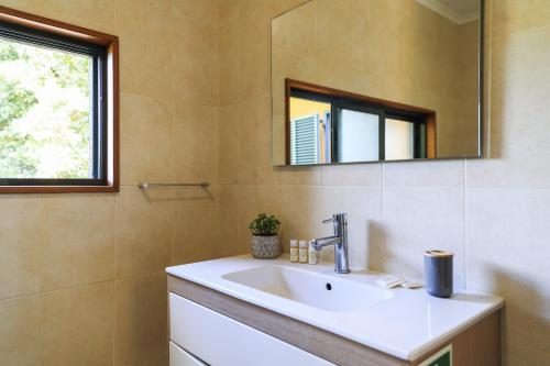 W łazience znajduje się umywalka i lustro. w obiekcie A Casa da Inês w mieście São Vicente Ferreira