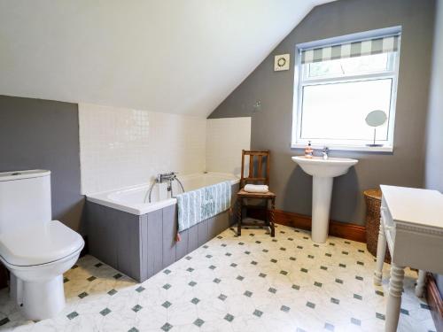 a bathroom with a tub and a toilet and a sink at Gwengraig in Dolgellau