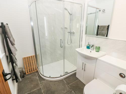 a bathroom with a shower and a sink at Llety Cariad - 2 Plough & Harrow in Cowbridge