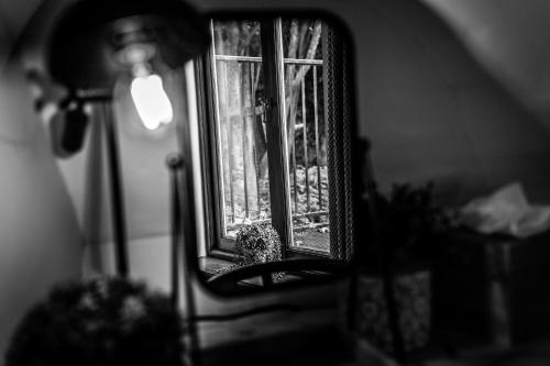 a room with a window with a potted plant and a lamp at The Pheasant Inn in Higher Burwardsley