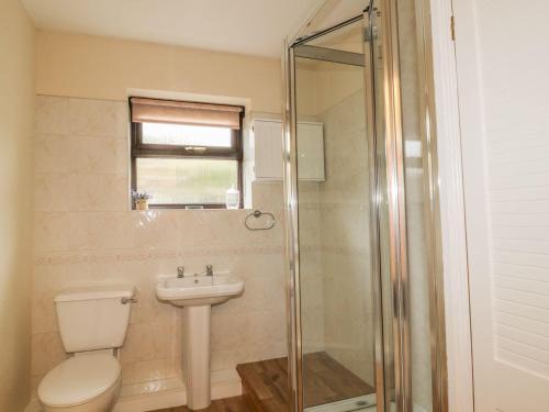 a bathroom with a toilet and a sink and a shower at Croft House Cottage in Penrith