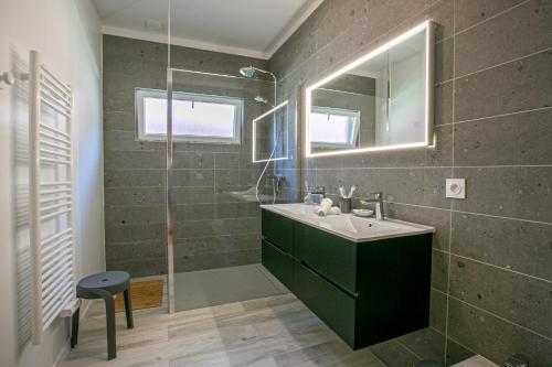 een badkamer met een wastafel en een douche met een spiegel bij Maison BOOA in Sévrier
