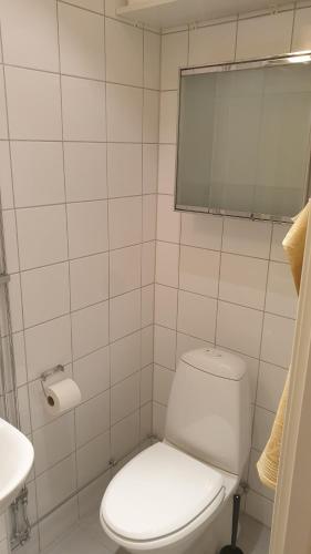 La salle de bains blanche est pourvue de toilettes et d'un miroir. dans l'établissement Cozy 1 bedroom apartment in Oslo centrum, à Oslo