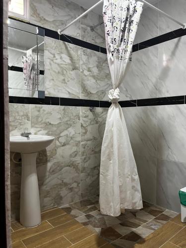 y baño con cortina de ducha y lavamanos. en Apartamentos Freddy's Tours, en Santa Marta