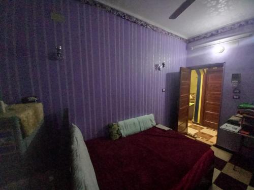 a purple room with a bed and a mirror at Sabrina home in Aswan