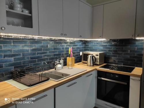 a kitchen counter with a sink and a microwave at Apartament na Wzgórzu Niebieski in Łańcut