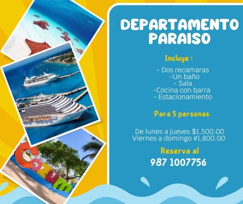 een flyer voor een vakantie op een cruiseschip bij Departamento Paraiso Cozumel in Cozumel