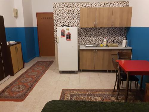 Çınarcıkにあるmai AK pansiyonのキッチン(白い冷蔵庫、テーブル付)