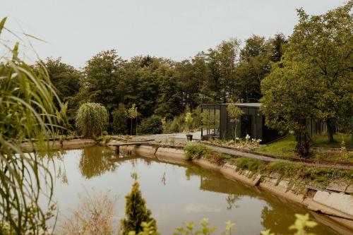 a pond in a garden with a building at Lipa pod groniem in Ustroń
