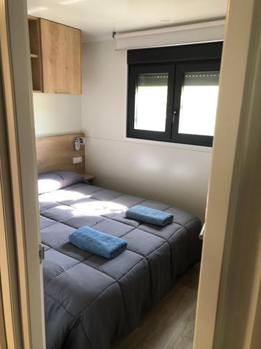 a bedroom with two beds with blue pillows on them at Càmping Molí de Vilamala in Les Planes d'Hostoles