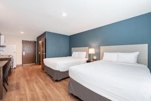 two beds in a hotel room with blue walls at Extended Stay America Suites - Minneapolis - Airport - Mendota Heights in Mendota Heights