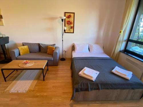a living room with two beds and a couch at Cosy studios with mountain view near Bansko in Razlog