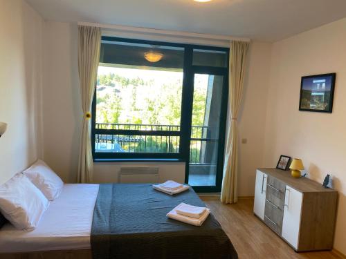 a bedroom with a bed and a large window at Cosy studios with mountain view near Bansko in Razlog