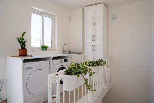 lavadero blanco con lavadora y plantas en The Olive 3 - Traditional Maltese Accommodation en Vittoriosa