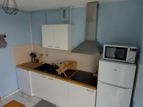 a small kitchen with a microwave and a refrigerator at Le Spacieux, Tendance et sa Vue Panoramique in Beauvais