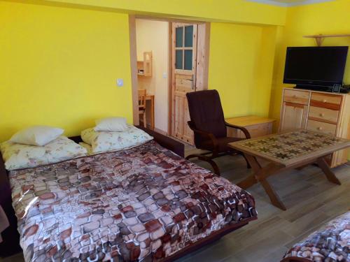 een slaapkamer met een bed en een tafel en een televisie bij Apartament Grota in Szklarska Poręba