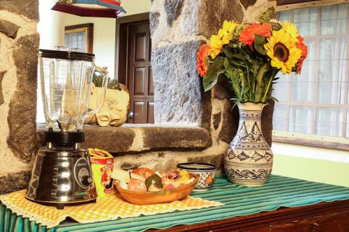 a blender and a vase with flowers on a table at Rustic Luxury Retreat Near Historic Zacatlan in Zacatlán