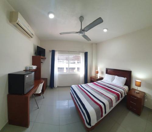 - une chambre avec un lit, un bureau et une télévision dans l'établissement Hotel Suites del Mar, à Palmas