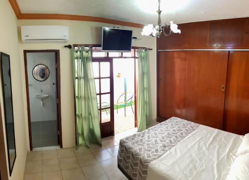 ein Schlafzimmer mit einem Bett und einem TV an der Wand in der Unterkunft Lili's Hostel in Santa Cruz de la Sierra