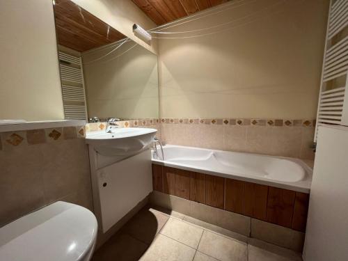une salle de bain avec toilettes, lavabo et baignoire dans l'établissement 3 pièces pour 8 pers. au pied des pistes, Flaine Forum - FR-1-687-67, à Arâches-la-Frasse