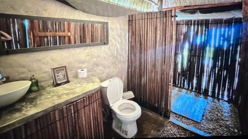 a bathroom with a shower with a toilet and a sink at Mistica Island Hostel - Isla Palma in Isla Palma