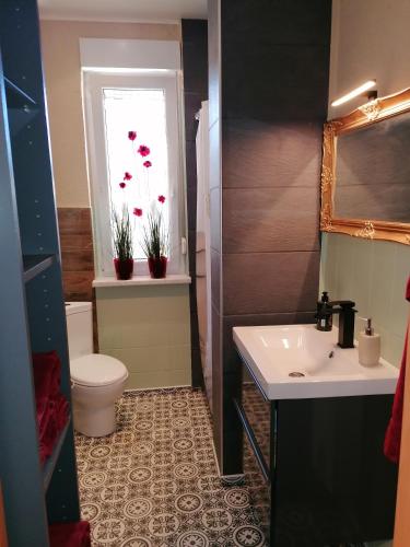 a bathroom with a sink and a toilet and a window at Ferienwohnung am Keramikatelier in Bitterfeld