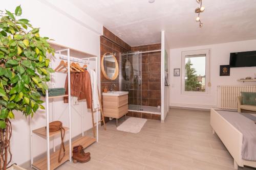 ein Wohnzimmer mit einem Waschbecken und ein Badezimmer in der Unterkunft Private & Comfortable Apartments in Puttelange-aux-Lacs