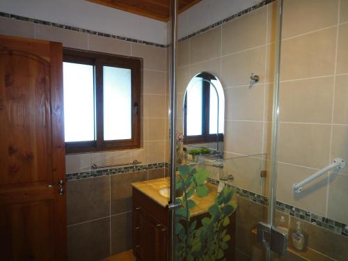 a bathroom with a shower and a sink and a mirror at Heva Eco Lodge in Hanga Roa
