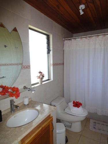 a bathroom with a sink and a toilet and a mirror at Heva Eco Lodge in Hanga Roa
