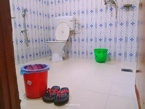 a bathroom with a toilet and two pairs of shoes at Hotel Butterfly , Sauraha , Chitwan in Sauraha