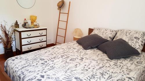 ein Schlafzimmer mit einem Bett mit Kissen und einer Leiter in der Unterkunft Aux Chambres du Chadoux de Chateaubourg (ChaChaCha) in Châteaubourg