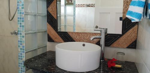 a bathroom with a white sink on a counter at Sunset Cove Villa in Grand'Anse Praslin